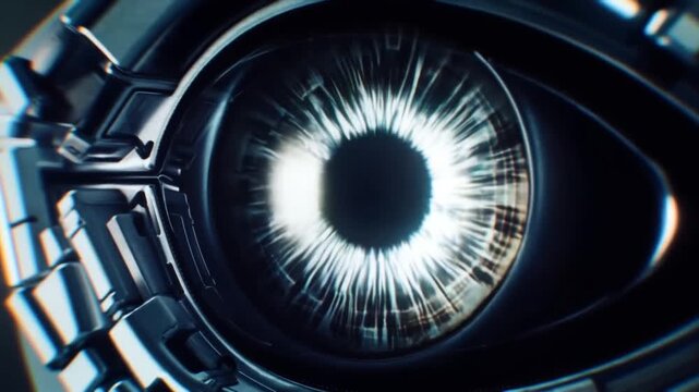 Slow tracking zoom closeup of robotic eye dilating with digital glitch and scanning iris inside metallic housing in futuristic lab environment
