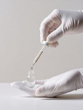 Scientist hands in white gloves dripping liquid from a pipette into a small glass bottle close up. Laboratory research or cosmetic serum manufacturing process