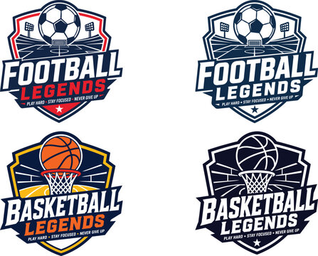 WebDynamic sports emblem collection featuring football and basketball legends logos with bold typography, shield design, and motivational slogan in professional tournament badge style.