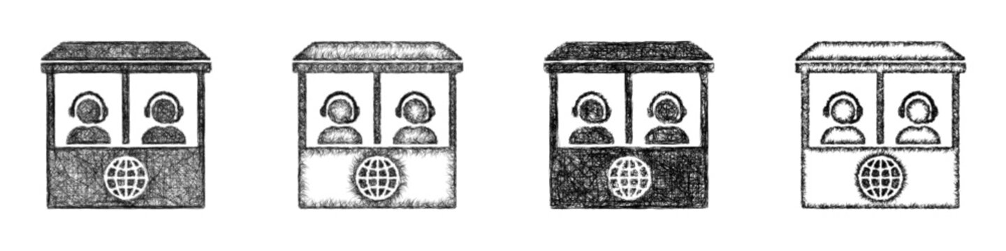 Monochrome sketch translation booth icon design set