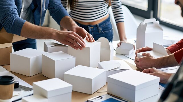 Team assembling sustainable blank paper packaging prototypes on studio table