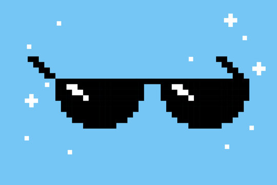 Classic pixel sunglasses in retro 8-bit style. Trendy Y2K cool shades icon for avatars, gaming, stickers, meme and internet culture symbol, social media graphics, digital creative projects