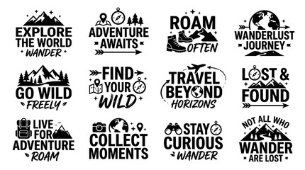 Fototapeta premium Travel Adventure Typography Badge Collection with Wanderlust Quotes and Outdoor Exploration Emblems