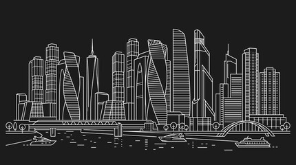 Fototapeta premium Modern city skyline line art vector illustration with waterfront skyscrapers and urban architecture