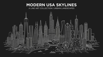 Obraz premium Modern USA city skylines line art collection with famous urban landmarks and architectural cityscapes