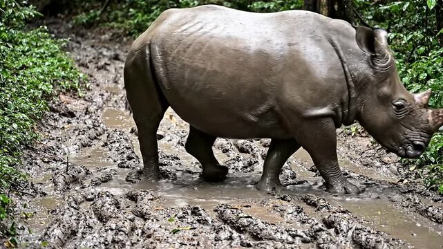 A Majestic Javan Rhinoceros Walking Through A Muddy Forest Track Surrounded By Lush Greenery Amidst Its Natural Habitat