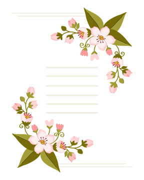 Floral page template with pink flowers and green leaves isolated on white background. Elegant vector design for stationery, invitations and note paper
