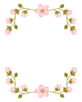 Apple blossom frame. Border with pink spring flowers isolated on white background. Decorative vector template for invitations, greeting cards and wedding invitation