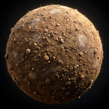 Realistic soil texture sphere with pebbles and dry grass