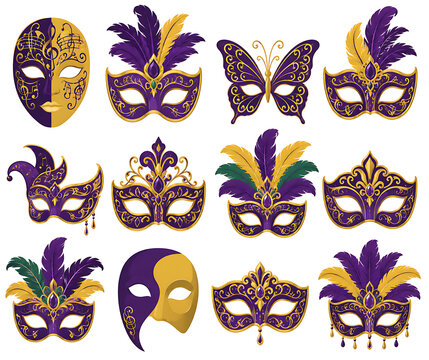 Mardi Gras Masquerade Mask Vector Set Ornate Venetian Carnival Party Elements Purple Gold Feathers Festival Costume Icons Collection Flat Isolated