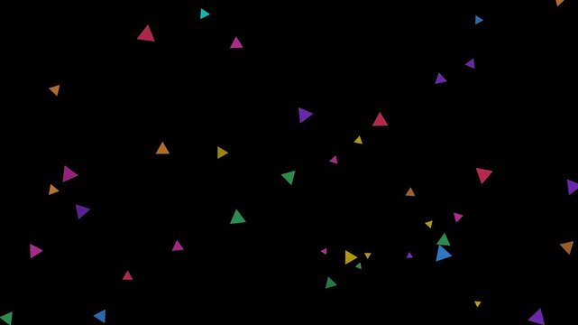 Colorful motion of small triangular particles in a dynamic black background.