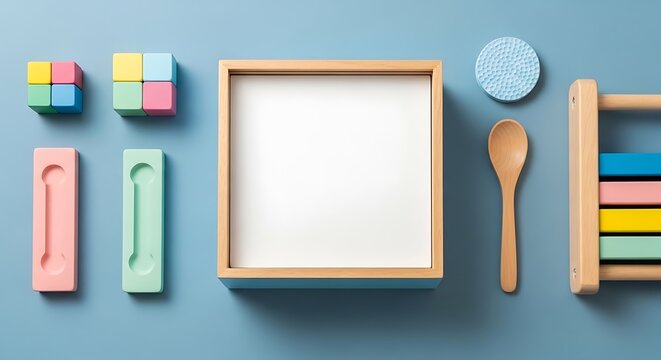 Colorful educational toys and wooden learning tools for kids on blue background