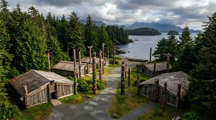 Obraz premium Indigenous village with totem poles and traditional longhouses by the sea