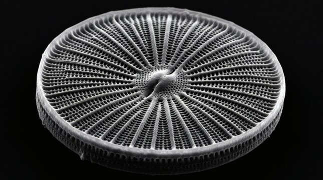 Microscopic view of a single diatom frustule with intricate patterns