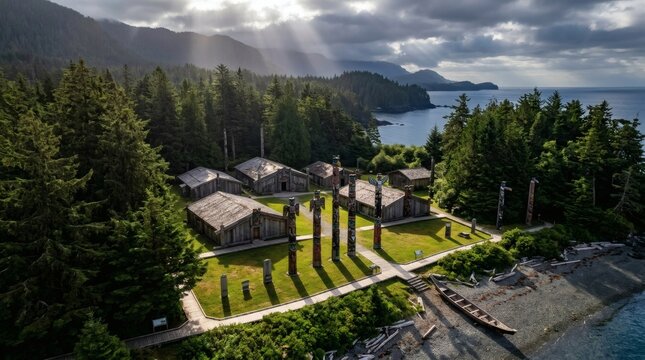 Indigenous village with totem poles and traditional longhouses by the ocean