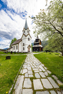 Traditional wooden Norwegian church and stave church (Torpo Kirke)