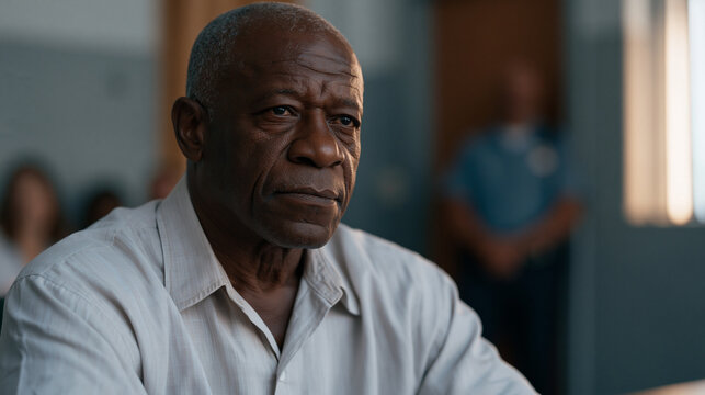 Older male parolee in collared shirt seated before five-member parole board hearing panel in institutional hearing room, case manager presenting rehabilitation documentation while