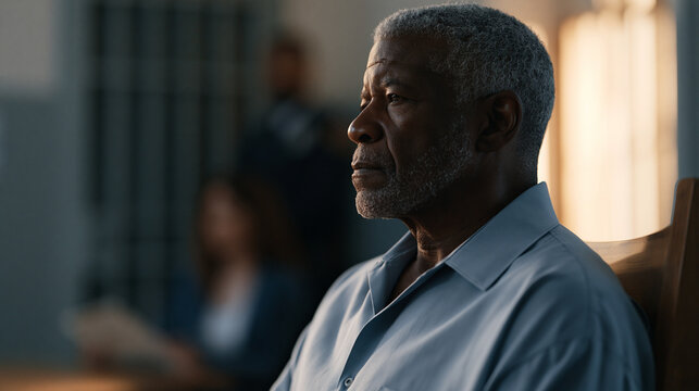Older male parolee in collared shirt seated before five-member parole board hearing panel in institutional hearing room, case manager presenting rehabilitation documentation while