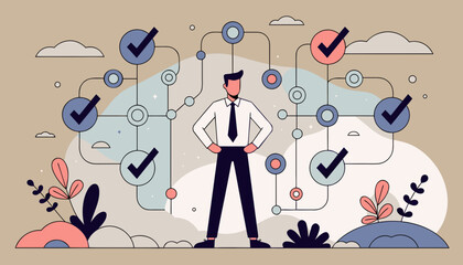Businessman stands confidently amid a flowchart of checkmarks symbolizing success and decision making © Lamisa