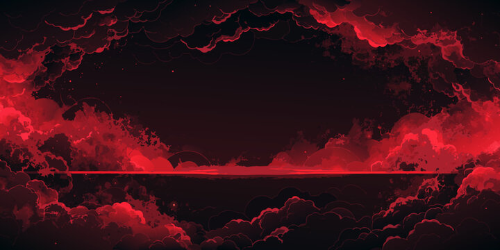 Crimson clouds swirl in darkness with a reflective horizon during a dramatic abstract scene