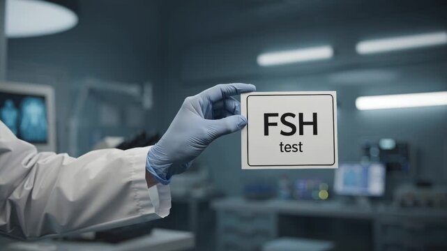 Hands in a medical gown and gloves hold a sign with the text FSH test in a laboratory