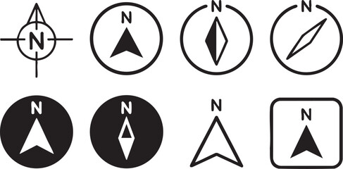 Eight different black and white vector compass icons for navigation and direction with north arrow symbol on white background for design © Ajoy
