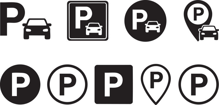 Vector parking signs and symbols with letter P and car illustrations in black and white colors for design and graphic use