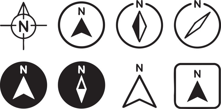 Eight different black and white vector compass icons for navigation and direction with north arrow symbol on white background for design