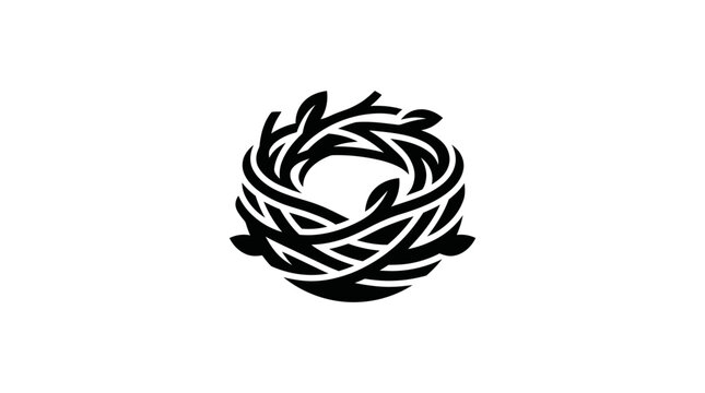Stylized black birds nest graphic on a white background.