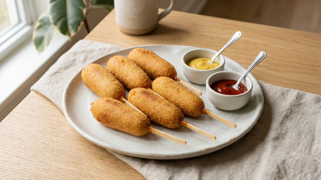 Six golden corn dogs rest on a rustic white plate alongside bowls of ketchup and mustard. The plate sits on a cloth napkin on a wood table near a bright window.