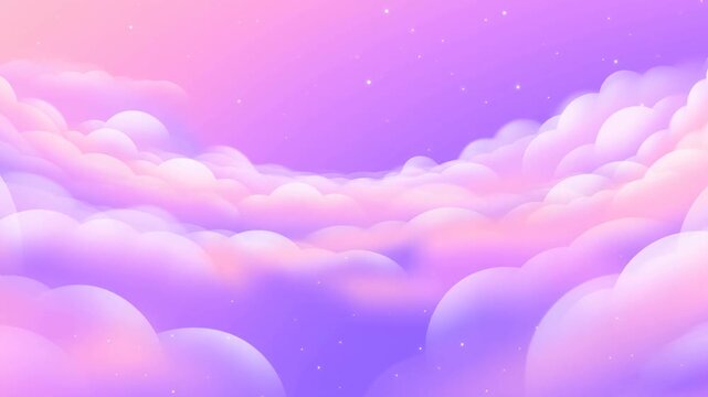 Slow tracking pan forward through pastel cloudscape of soft fluffy clouds drifting across twilight sky with glowing pink and purple horizon