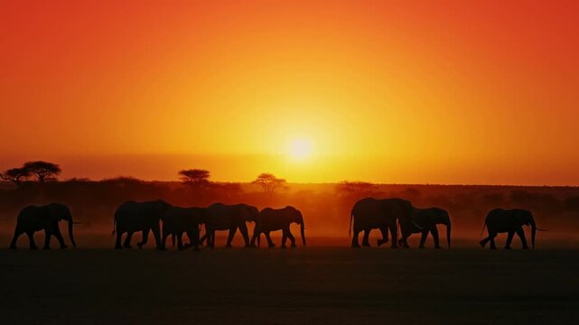 Majestic elephant herd silhouetted against vibrant sunset on savanna