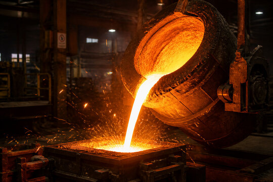 Molten metal pouring from ladle into sand casting mold indoors