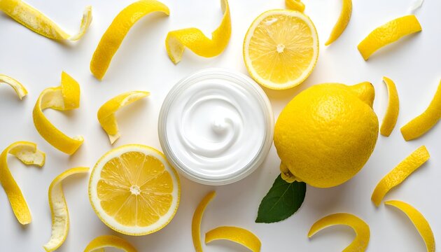 Cream jar surrounded by lemons (halves, whole) and peels on white, creating a beauty flatlay