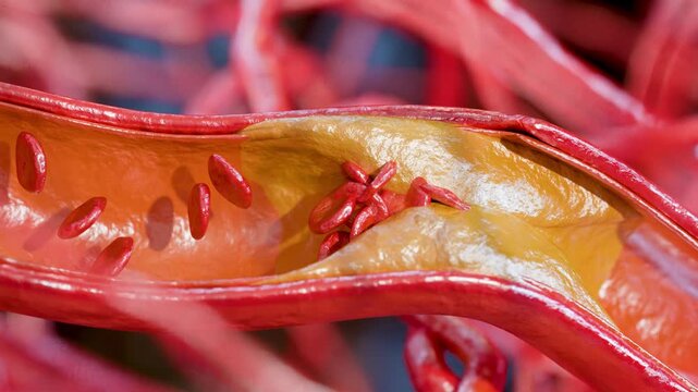 Cholesterrol or Atherosclerotic Plaque in blood vessels, Blocked vessel stroke, Thickened Arteries and Veins, Coronary, fat buildup clogging, Atherosclerosis or atheromatous Hyperlipidemia, 3d render