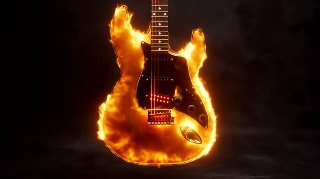 Slow motion tracking shot of electric guitar engulfed in flames hovering above dark studio floor with glowing embers and smoke