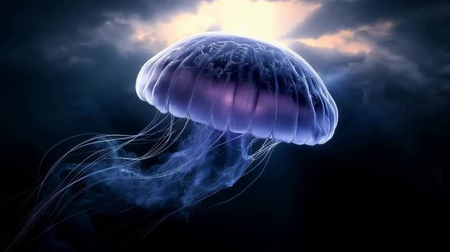 Bioluminescent Jellyfish Drifting in Deep Dark Ocean Water