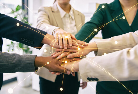 Diverse business team hands stacked together. Business teamwork connection, unity success, corporate collaboration, professional partnership concept, executive community, work solidarity.