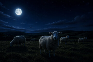 Fototapeta premium Sheep grazing under full moon in dark pastoral landscape
