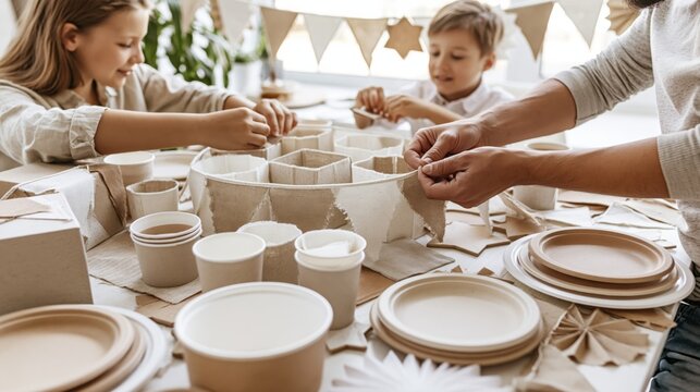 Family assembling reusable neutral party decorations at a table