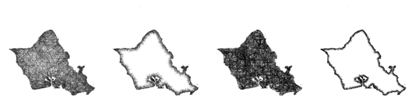 Black and white sketch Honolulu County (Hawaii) outline map design set