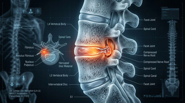 Detailed illustration of a herniated disc in the lumbar spine with labeled anatomy