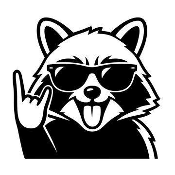 Cool raccoon wearing sunglasses making rock horns, isolated on a transparent background. Perfect for street apparel.