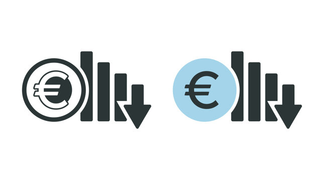 Minimalist vector illustration of euro currency symbols with descending bar graphs indicating a financial decline