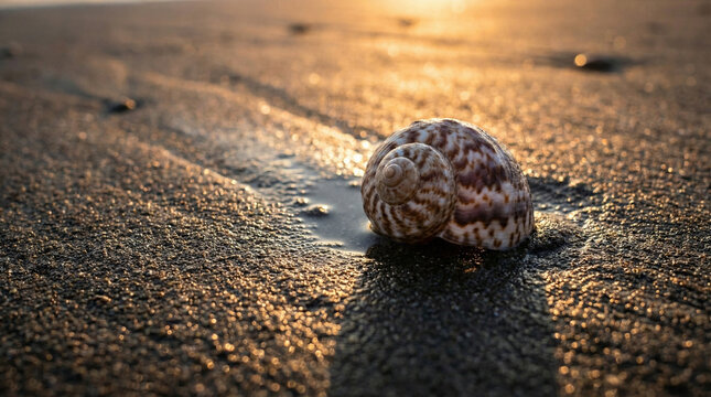 Golden Seashell on Wet Sand Beach Close-Up Summer Texture. Detailed macro shot of spiral seashell on glistening wet sand with warm sunset light casting golden reflections and soft shadows