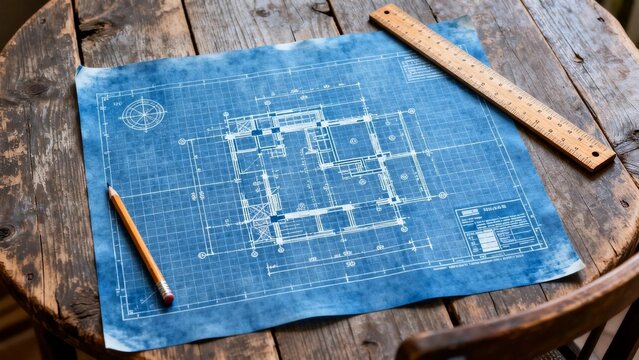 Blueprints for architectural design on rustic wooden table