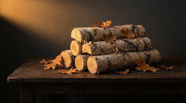 Dramatic Firewood Stack with Moody Side Lighting. Artistic still life of stacked birch logs and dried leaves, dramatic shadows and warm amber side light on dark background