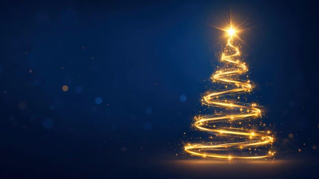 Glowing golden Christmas tree made of sparkling light trails on dark blue background, festive holiday animation with elegant copy space