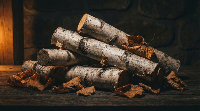 Dramatic Firewood Stack with Moody Side Lighting. Artistic still life of stacked birch logs and dried leaves, dramatic shadows and warm amber side light on dark background