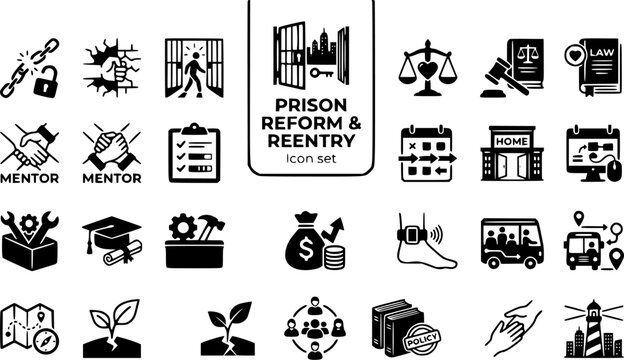 Prison Reform Reentry Icon Set Criminal Justice Rehabilitation Parole Process Community Reintegration Policy Reform Vector Illustration
